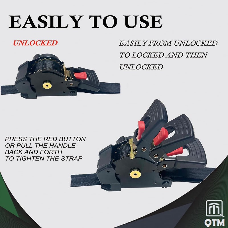 QTM 4 Pack Retractable Ratchet Straps, 1" x10' with Soft Loops, Heavy Duty, 2,000lbs Breaking Strength, with Storage Bag, Best for Cargo, Truck, Bicycle, Motorcycle (Black-4pack, 1" x10') - Image 4